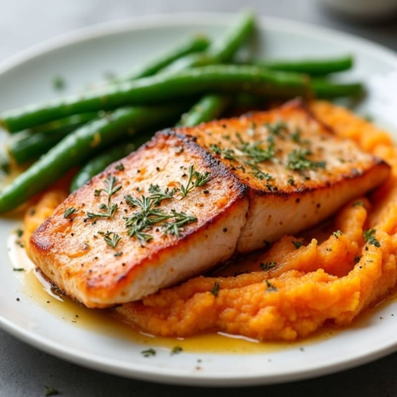 Seared Salmon with Garlic Green Beans and Sweet Potato Mash