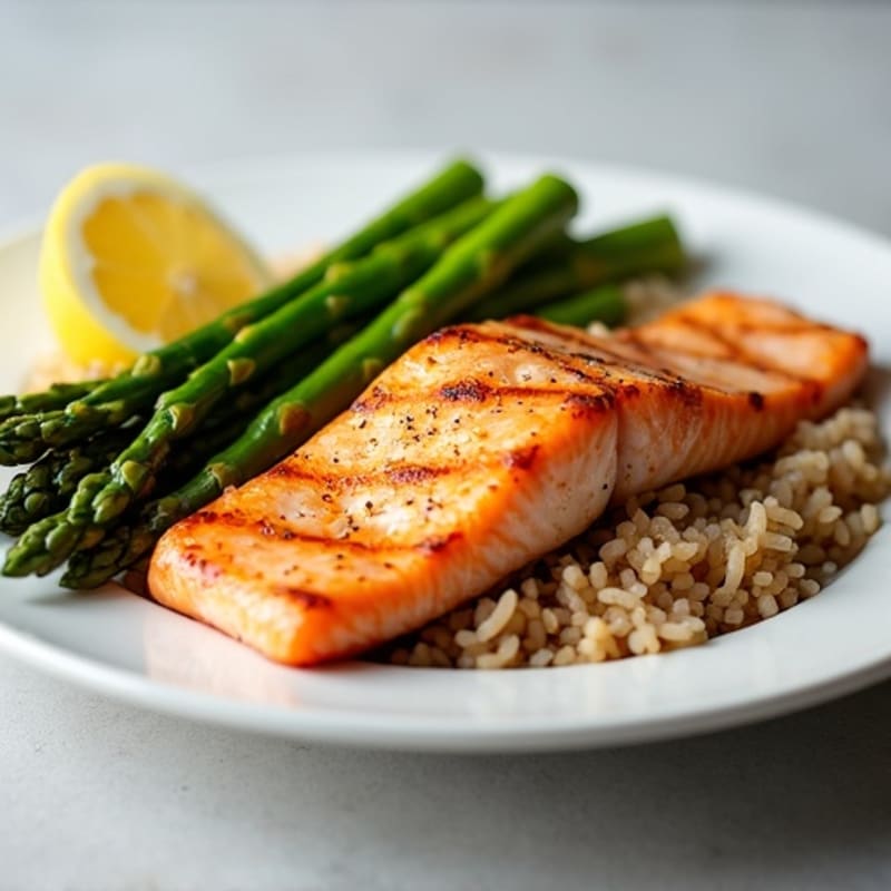 Seared Salmon with Steamed Asparagus and Brown Rice