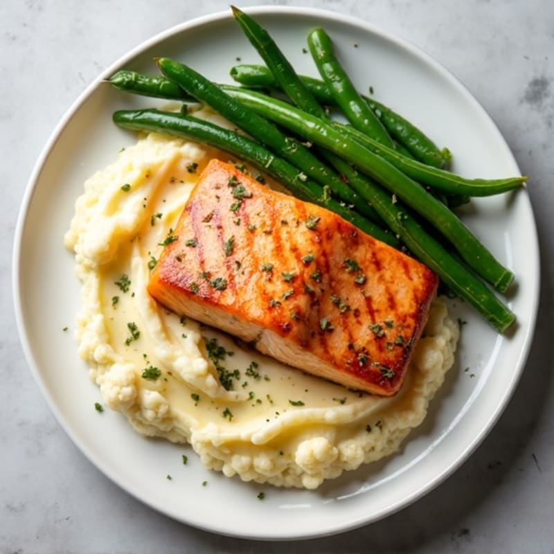 Seared Salmon with Steamed Green Beans and Garlic Mashed Cauliflower