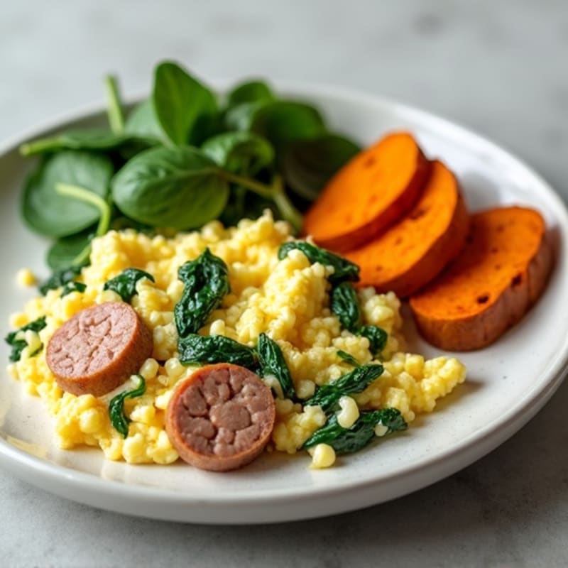 Egg White and Turkey Sausage Scramble with Spinach and Roasted Sweet Potato