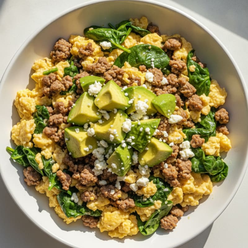 Creamy Feta and Avocado Scramble with Steak Mince