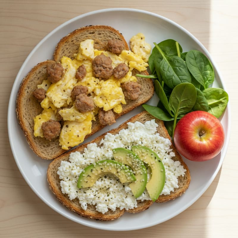 Scrambled Eggs with Turkey Sausage and Cottage Cheese Toast