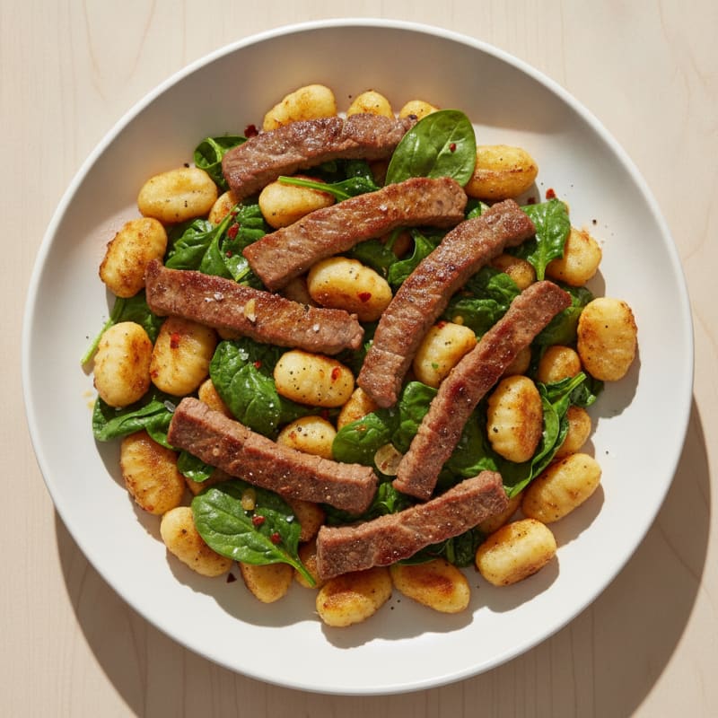 Seared Beef Strips with Pan-Toasted Gnocchi and Spinach