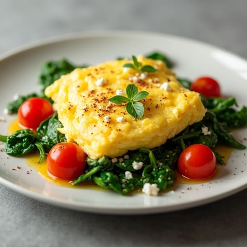 Fluffy Scrambled Eggs with Sautéed Spinach and Cherry Tomatoes