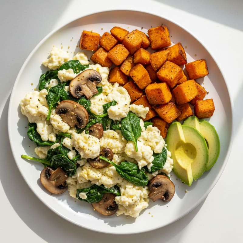 Egg White and Spinach Scramble with Sautéed Mushrooms and Roasted Sweet Potato