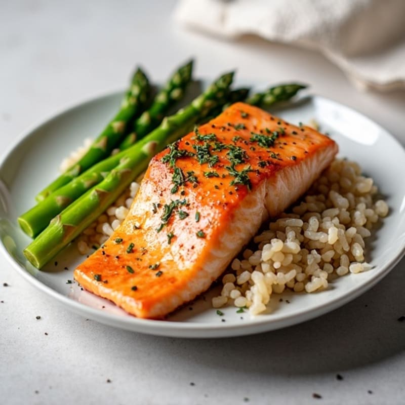 Seared Salmon with Steamed Asparagus and Brown Rice