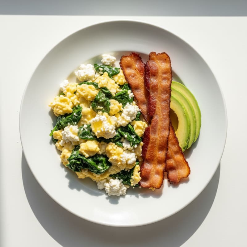 Cottage Cheese Scramble with Spinach and Turkey Bacon