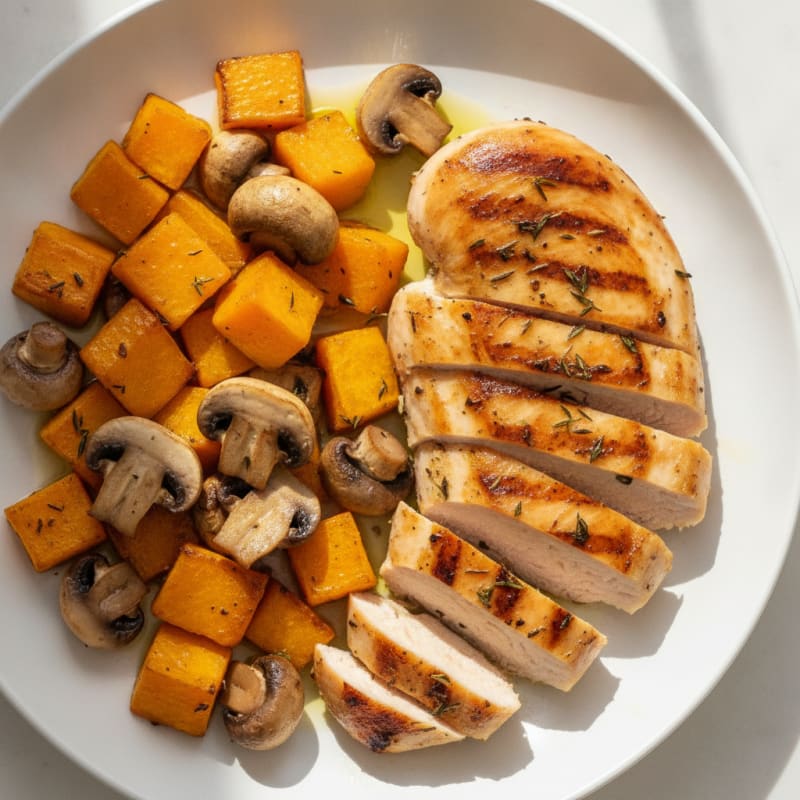 Grilled Chicken Breast with Roasted Butternut and Mushrooms
