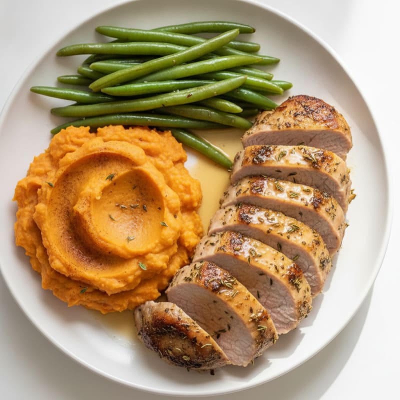 Seared Herb Pork Tenderloin with Steamed Green Beans and Mashed Sweet Potato
