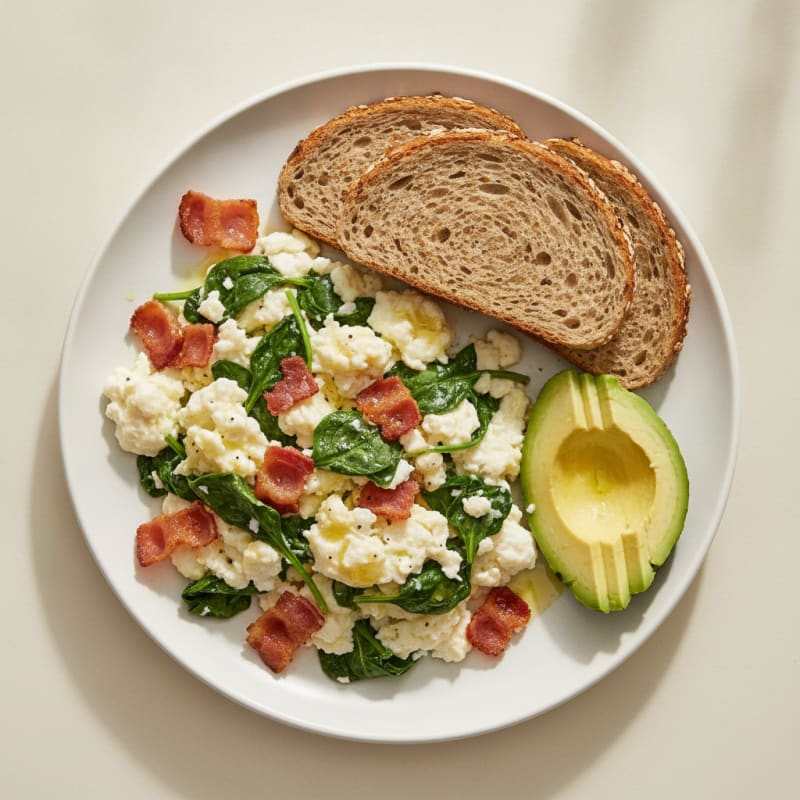 Crispy Turkey Bacon and Egg White Scramble with Spinach