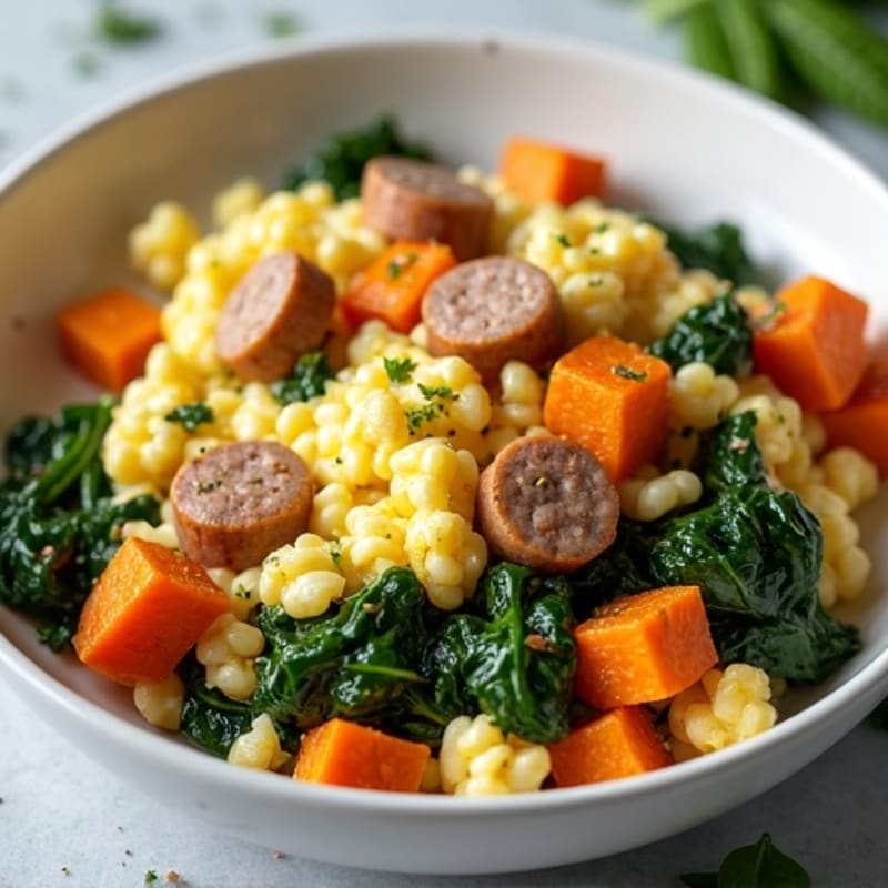 Egg White and Turkey Sausage Scramble with Spinach and Roasted Sweet Potato