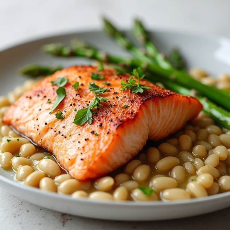 Seared Salmon Fillet with Creamy White Bean Mash and Sautéed Asparagus