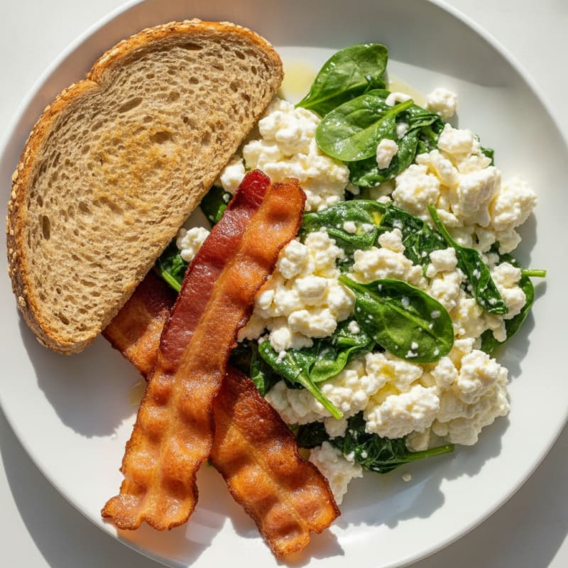 Cottage Cheese Egg White Scramble with Spinach and Turkey Bacon