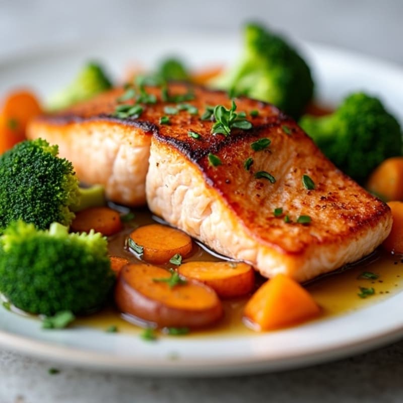 Seared Salmon with Roasted Sweet Potatoes and Steamed Broccoli