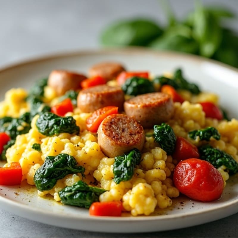 Chicken Sausage and Spinach Egg Scramble with Roasted Peppers