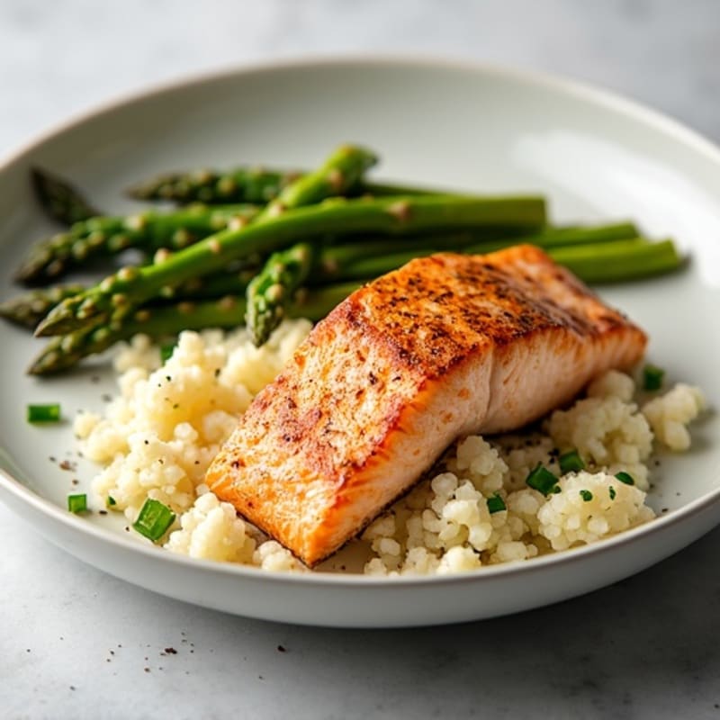 Seared Salmon with Roasted Asparagus and Cauliflower Rice