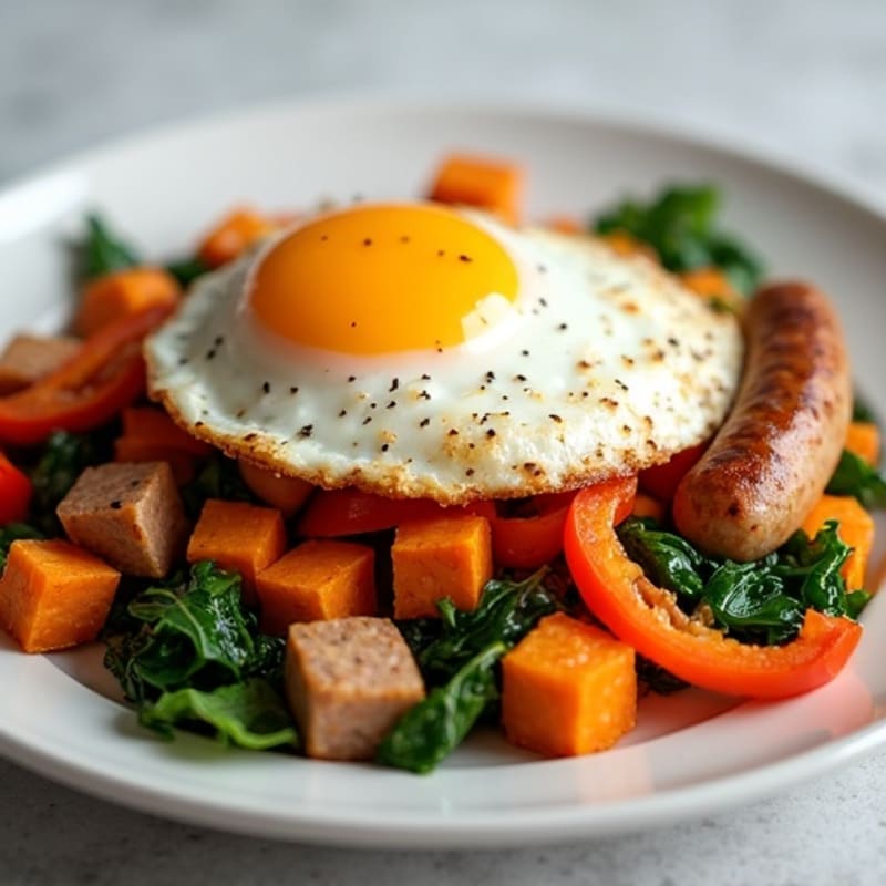 Sweet Potato and Turkey Sausage Hash with Crispy Eggs