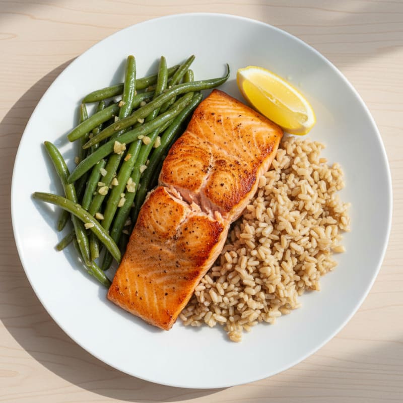 Seared Salmon Fillet with Garlic Green Beans and Brown Rice