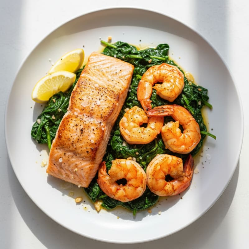 Pan-Seared Salmon and Shrimp with Spinach
