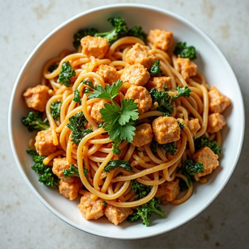 Spicy Peanut Ground Chicken with Whole Wheat Noodles and Crunchy Greens