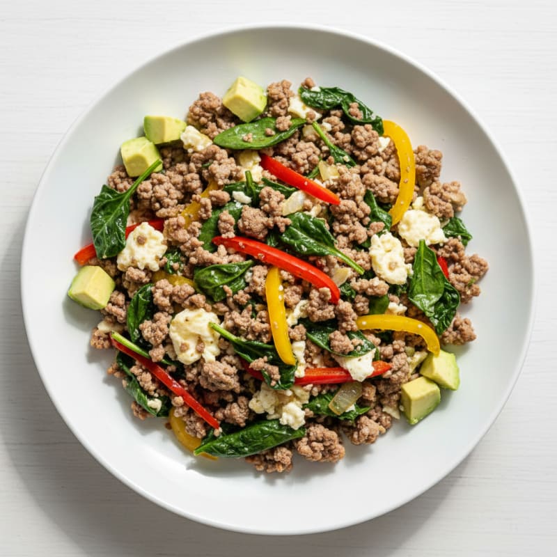 Egg White and Lean Beef Scramble with Sautéed Spinach