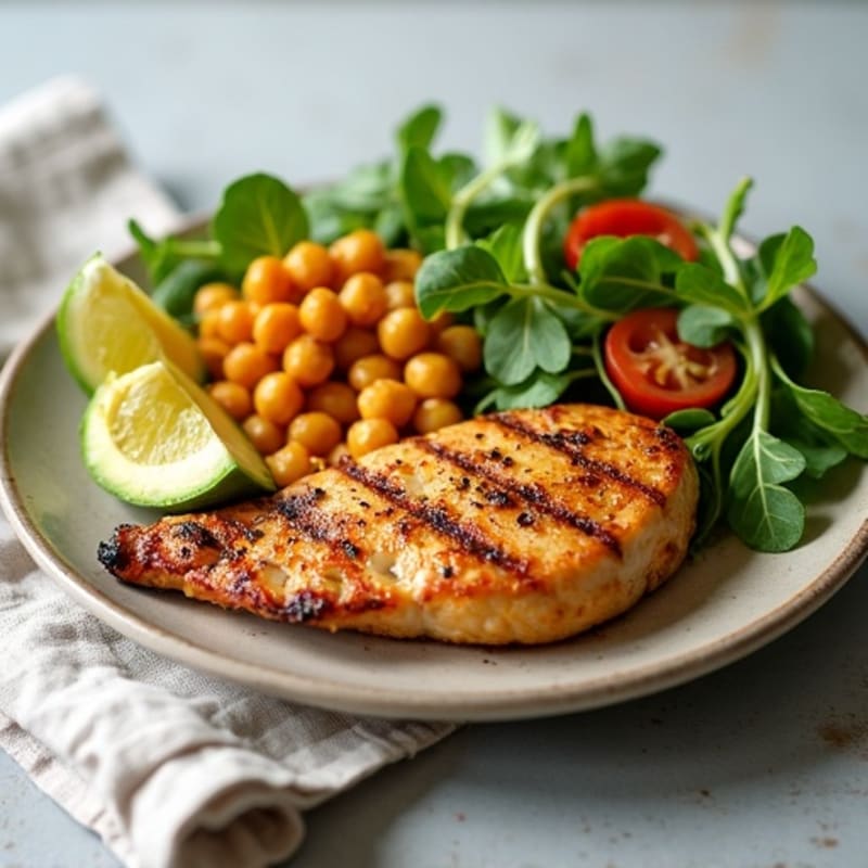 Grilled Chicken Breast with Crispy Chickpeas and Mixed Greens