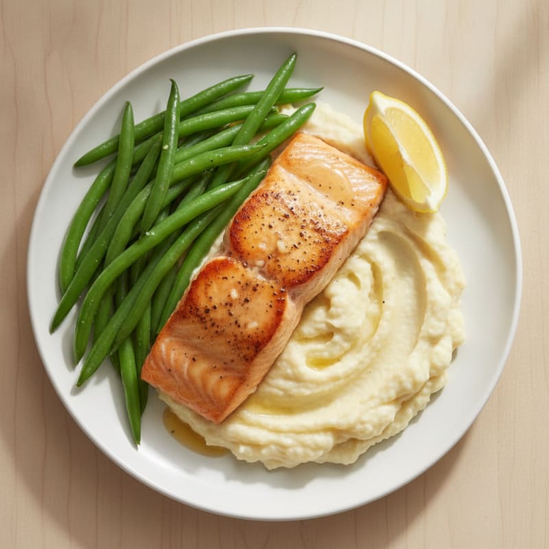 Seared Salmon with Steamed Green Beans and Cauliflower Mash