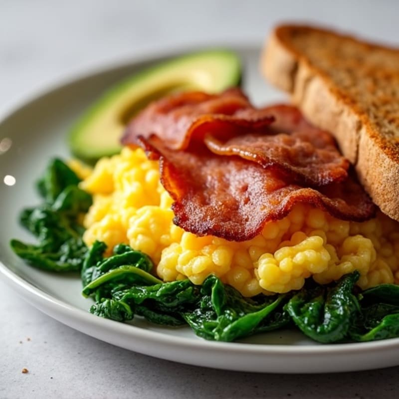 Crispy Turkey Bacon and Egg White Scramble with Sautéed Spinach
