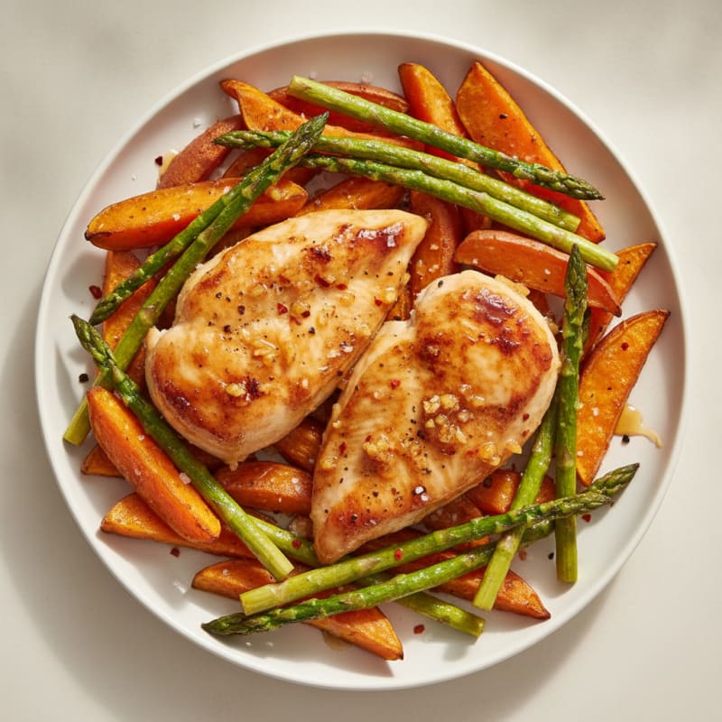 Honey-Garlic Chicken with Roasted Sweet Potatoes and Asparagus