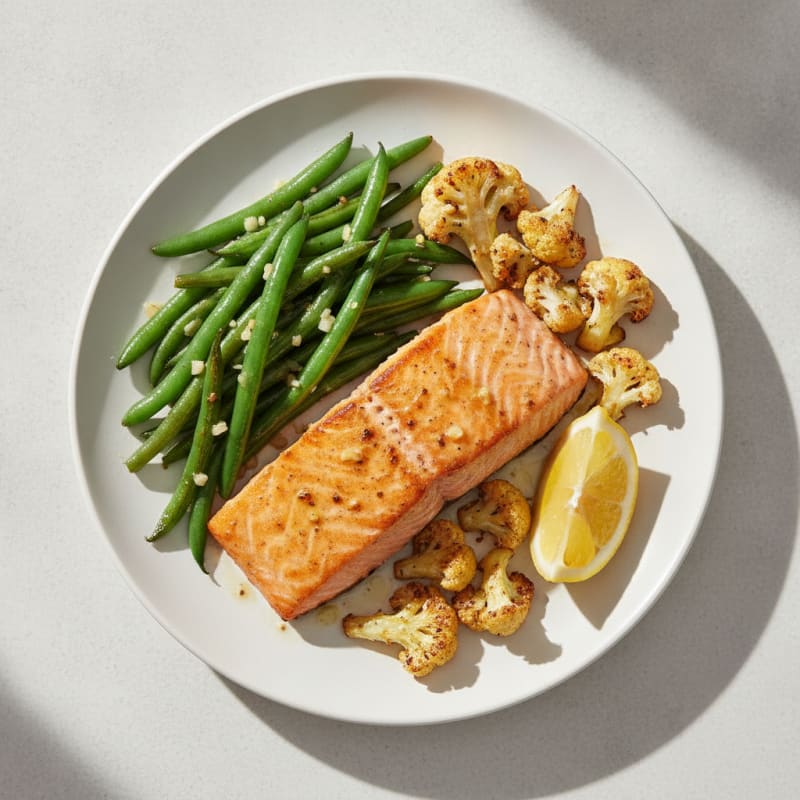 Seared Salmon with Garlic Green Beans and Roasted Cauliflower