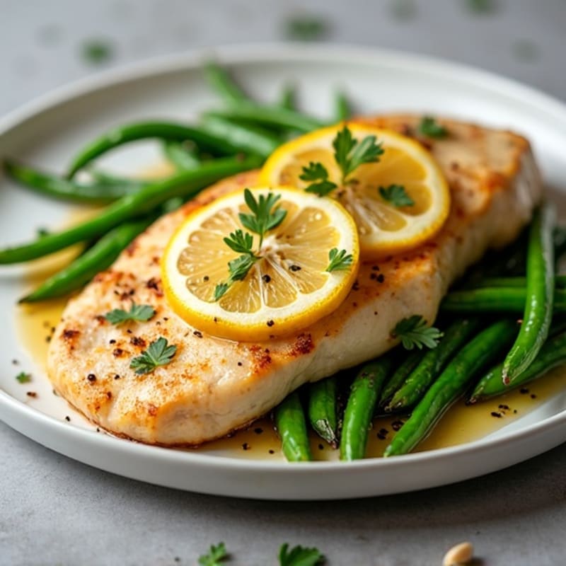 Lemon Garlic Pan-Seared Chicken Breast with Roasted Green Beans
