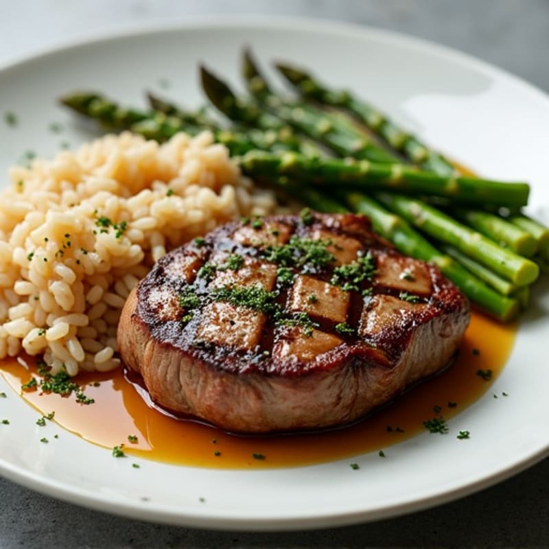 Pan-Seared Sirloin Steak with Fluffy Brown Rice and Crispy Roasted Asparagus
