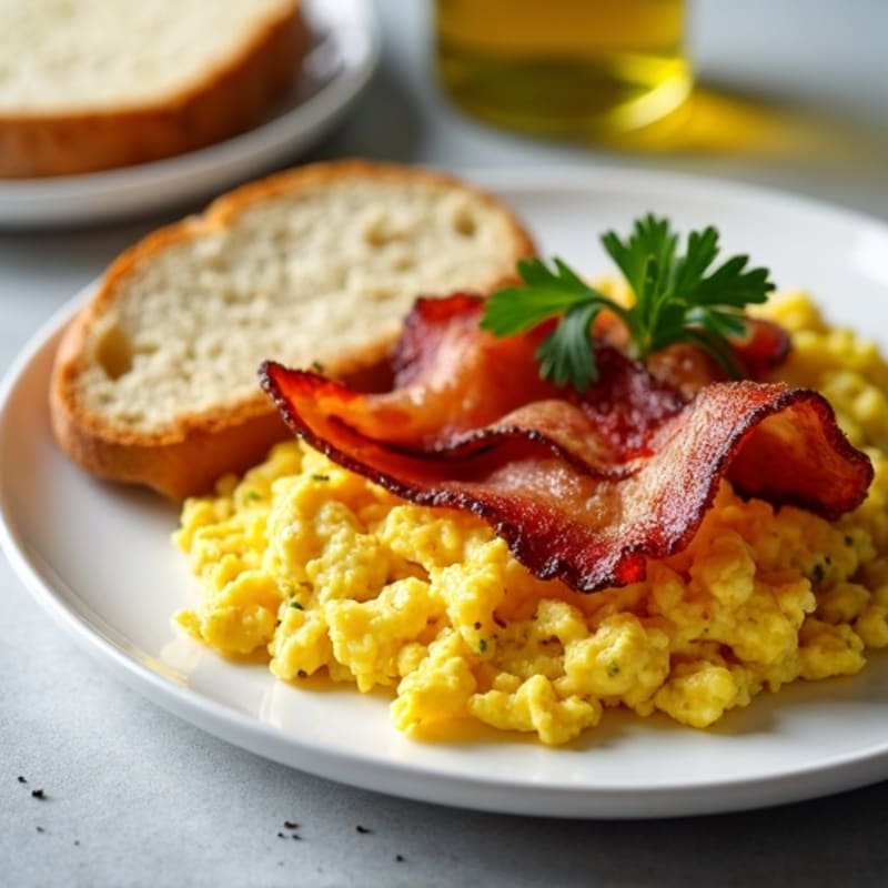 Crispy Turkey Bacon and Herb-Scrambled Eggs with Sourdough