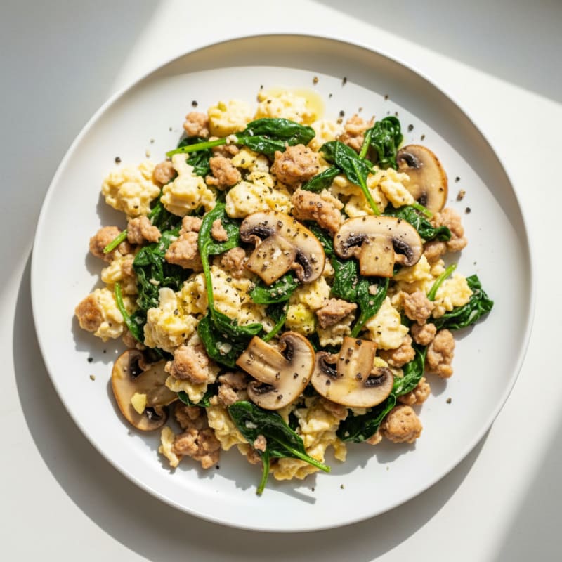 Egg White and Turkey Spinach Scramble with Sautéed Mushrooms