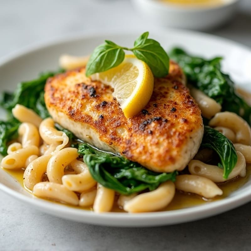 Pan-Seared Chicken and Fresh Spinach Whole Wheat Pasta with Bright Lemon-Garlic Sauce