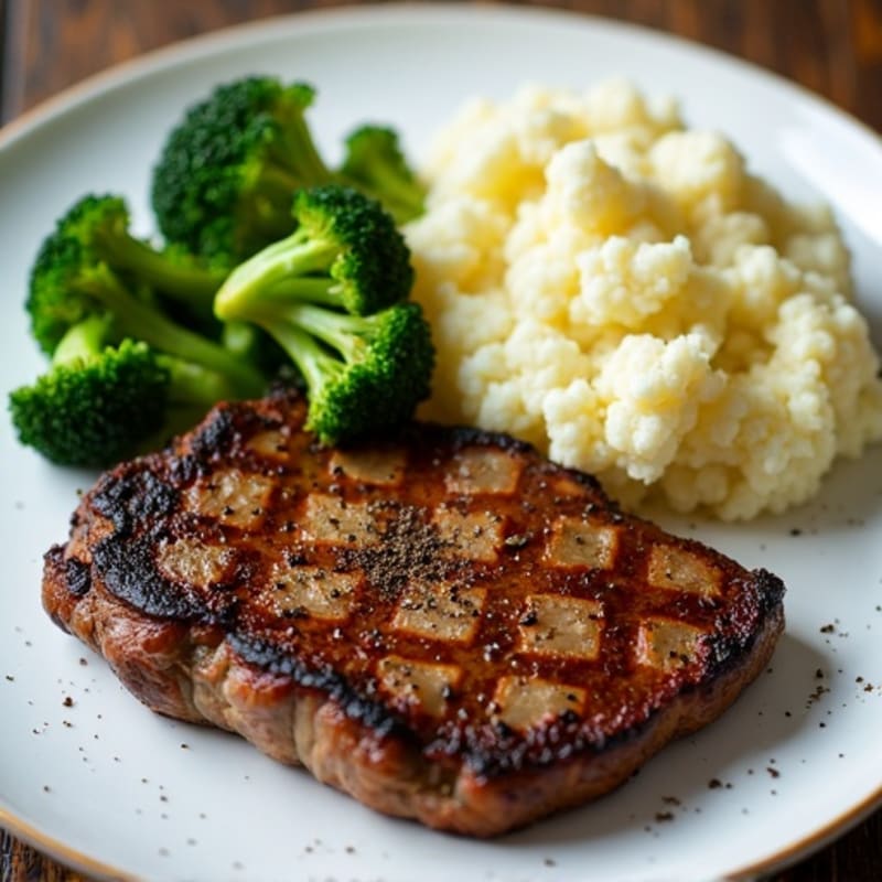 Seared Lean Steak with Steamed Broccoli and Cauliflower Mash