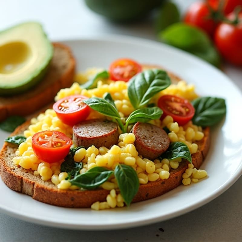 Egg White and Turkey Sausage Scramble with Spinach, Tomatoes & Avocado Toast