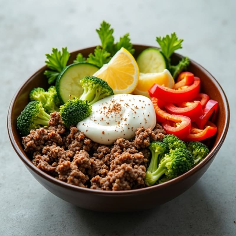 Lean Ground Beef and Crispy Veggie Bowl with Creamy Tangy Dressing