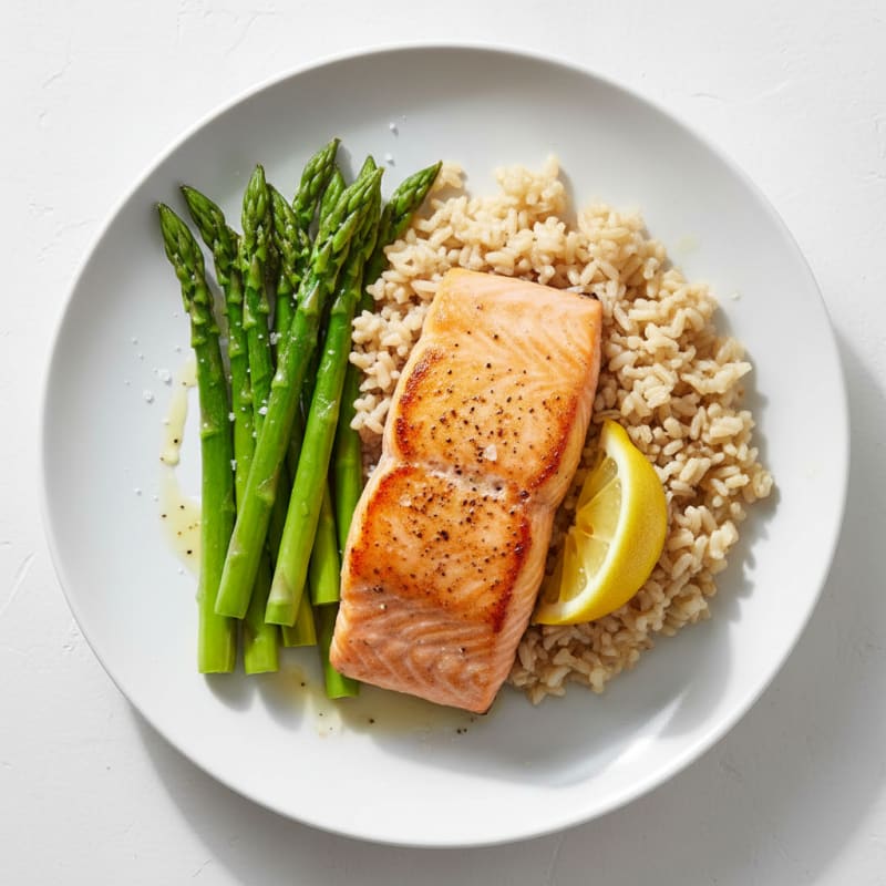 Seared Salmon with Steamed Asparagus and Brown Rice