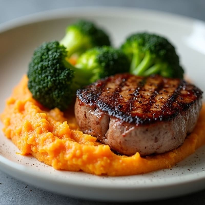 Seared Sirloin with Roasted Broccoli and Sweet Potato Mash