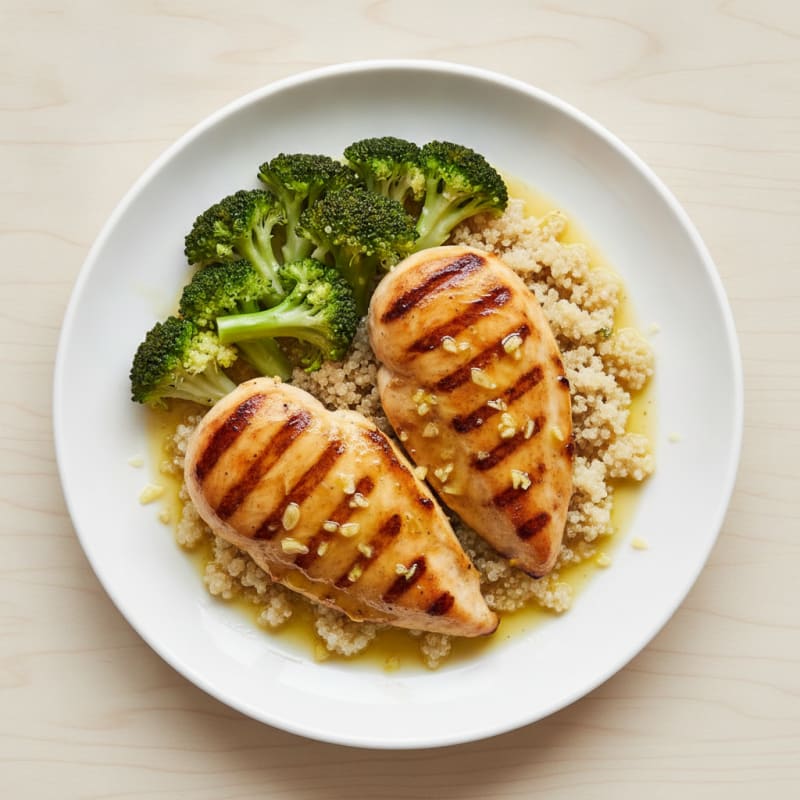 Grilled Lemon Garlic Chicken Breast with Quinoa and Steamed Broccoli