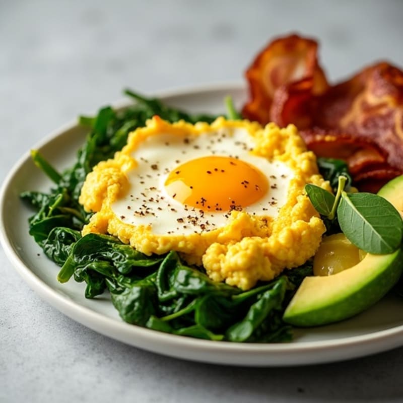 Crispy Turkey Bacon and Egg White Scramble with Sautéed Spinach