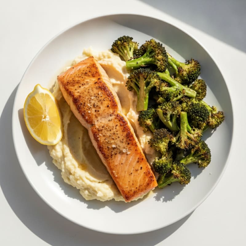 Seared Salmon with Roasted Broccoli and Garlic Mashed Cauliflower