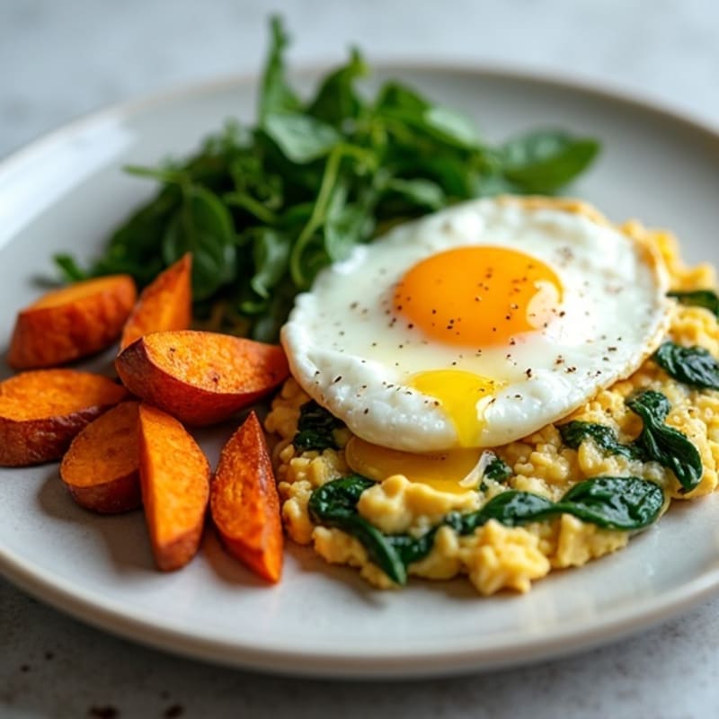 Egg White and Turkey Spinach Scramble with Roasted Sweet Potatoes