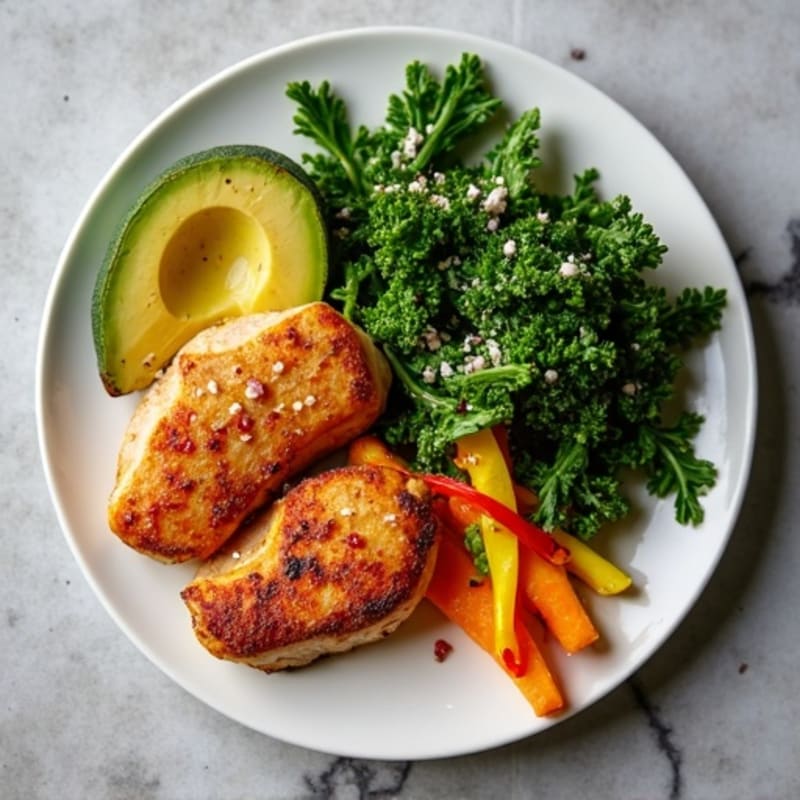 Crispy Pan-Seared Chicken Tenderloins with Roasted Sweet Potato and Bell Peppers, and a Fresh Kale Avocado Salad