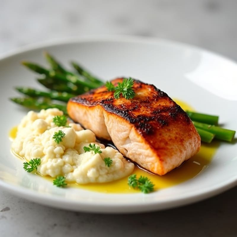 Seared Salmon with Steamed Asparagus and Cauliflower Mash