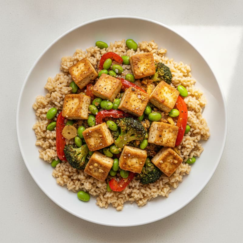 Garlic Tofu Stir-Fry with Roasted Vegetables