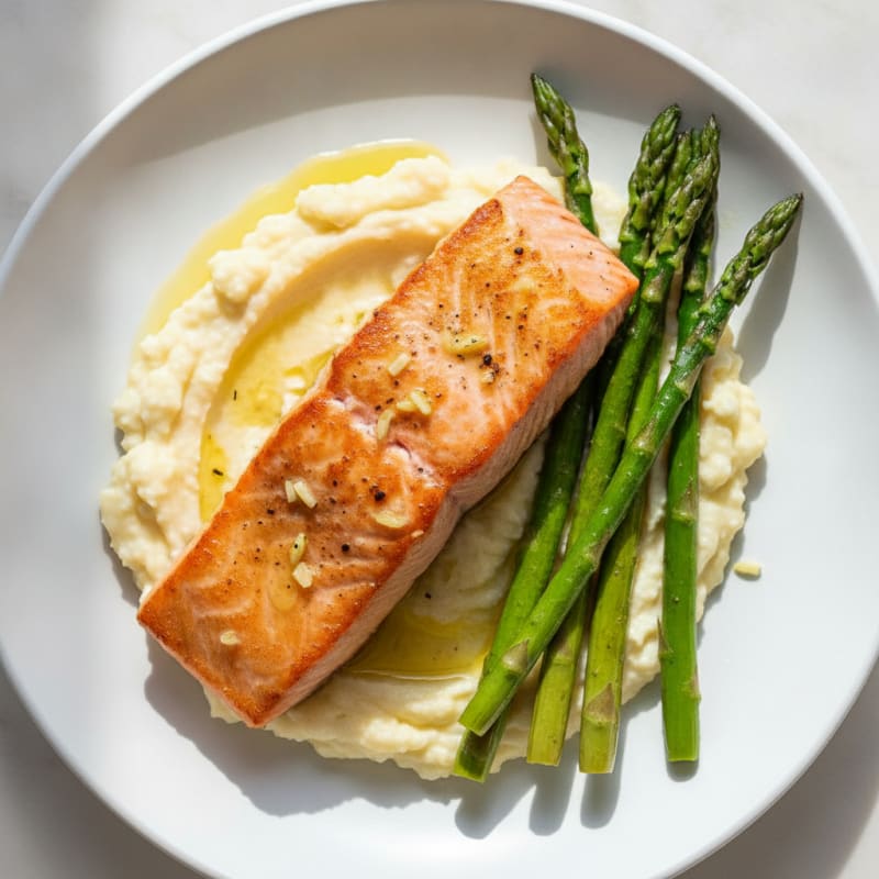 Seared Salmon with Roasted Asparagus and Cauliflower Mash
