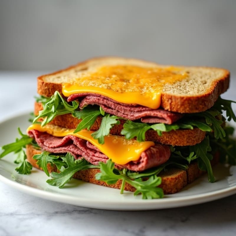 Warm Lean Roast Beef Sandwich with Melted Sharp Cheddar and Crispy Arugula