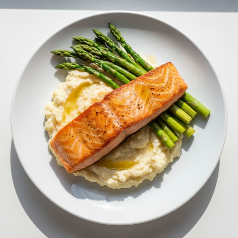 Seared Salmon with Steamed Asparagus and Garlic Cauliflower Mash
